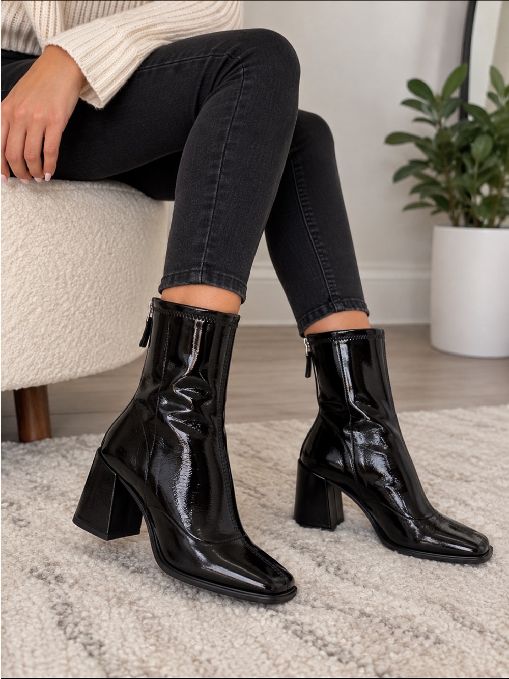 Forever 21 Black Patent Square Toe Sock Boots